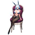  1girl adhesive_bra animal_ears blue_bow blue_bowtie blue_bra blue_hair blue_panties bow bowtie bra breasts brown_pantyhose chair cleavage closed_mouth collar crossed_legs detached_collar detached_sleeves easy_chair fake_animal_ears full_body hair_between_eyes headband high_heels highleg highleg_panties highres huge_breasts ice last_origin light_blue_hair linea_alba lips navel official_alternate_costume official_art panties pantyhose playboy_bunny rabbit_ears red_eyes short_hair sitting skindentation snowball22 solo strapless strapless_bra tachi-e titania_frost transparent_background underwear white_collar white_sleeves wide_hips 