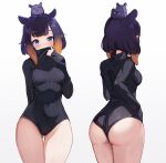  1girl ass bangs blue_eyes highres hololive hololive_english koahri leotard long_hair looking_at_viewer multicolored_hair ninomae_ina&#039;nis pointy_ears purple_hair simple_background sweater takodachi_(ninomae_ina&#039;nis) tentacle_hair turtleneck virtual_youtuber white_background 