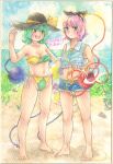  2girls bare_shoulders barefoot bikini black_headwear breasts closed_mouth cloud cloudy_sky collarbone crop_top dated day denim denim_shorts eyeball frills full_body green_eyes green_hair hat hat_ribbon heart highres komeiji_koishi komeiji_satori looking_at_another midriff multiple_girls navel open_mouth outdoors pink_hair ribbon shadow shin1ar24 shorts side-tie_bikini_bottom sky small_breasts standing swimsuit teeth third_eye touhou traditional_media upper_teeth watercolor_pencil_(medium) yellow_ribbon 