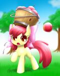  2015 accessory apple apple_bloom_(mlp) balancing basket bodily_fluids bow_ribbon clothing container cute_fangs daww earth_pony equid equine eye_through_hair eyelashes female feral friendship_is_magic grass hair hair_accessory hair_bow hair_ribbon hasbro hashioaryut headgear headwear hooves horse looking_at_viewer mammal my_little_pony object_on_head open_mouth orange_eyes pink_bow plant pony raised_hoof red_hair red_tail ribbons solo sweat sweatdrop translucent translucent_hair tree yellow_body young 