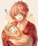  2others ametsukana_yago androgynous baby bandage_over_one_eye brown_eyes brown_hair commentary_request green_hair hemo_(hemoroda) japanese_clothes kimono len&#039;en mask mask_on_head multiple_others musical_note open_mouth pacifier red_eyes red_kimono smile spoken_musical_note taira_no_fumikado taira_no_fumikado_(human) 