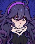  1girl @_@ ahoge akairiot bags_under_eyes bangs blue_nails commentary hair_between_eyes hairband hex_maniac_(pokemon) highres light_blush long_hair long_sleeves looking_at_viewer messy_hair pokemon pokemon_(game) pokemon_xy purple_eyes purple_hair purple_hairband purple_lips pursed_lips sleeves_past_wrists solo symbol-only_commentary 