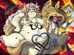  2022 anthro balls belly big_belly censored chibineco crown crushfang_(sdorica_sunset) detailed_background duo erection genitals hi_res kemono male mammal moob_grab moobs nipples overweight overweight_male penis polar_bear sdorica sdorica_sunset unknown_species ursid ursine 