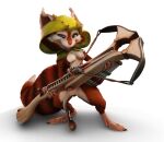  4_fingers anthro breasts cowl crossbow dota female fingers fur genitals hi_res hood hoodwink_(dota) mammal nipples pose ranged_weapon red_body red_fur rodent sciurid smile solo tail_tuft tree_squirrel tuft video_games weapon white_body 