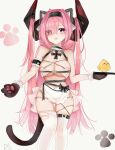  1girl alternate_costume animal_ears animal_hands artist_name azur_lane bangs bare_shoulders black_hairband blush breasts cat_ears cat_paws chinese_commentary cleavage collarbone fake_animal_ears feet_out_of_frame gloves hair_between_eyes hairband highres holding holding_tray horns long_hair looking_at_viewer manjuu_(azur_lane) medium_breasts open_mouth paw_gloves paw_print paw_print_soles pink_eyes pink_hair prinz_rupprecht_(azur_lane) solo standing sweatdrop thighhighs thighs torn_thighhighs tray very_long_hair white_thighhighs winter_eclipse 