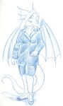  2010 anthro bottomwear breasts business_suit clothed_female clothing dragon dress_shoes female frill_(anatomy) hair herm_(lore) hi_res membrane_(anatomy) membranous_frill membranous_wings non-mammal_breasts scalie shira_frozenmoon skirt solo suit traditional_media_(artwork) unknown_artist western_dragon wings 