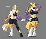  anthro armwear badroy bandai_namco big_breasts bimbo_lip bimbofication blue_eyes bottomwear breasts clothing digimon digimon_(species) elbow_gloves female fur gloves handwear muscular renamon skirt solo transformation yellow_body yellow_fur 