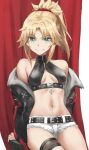  1girl bangs bare_shoulders belt black_jacket blonde_hair braid breasts fate/apocrypha fate_(series) french_braid green_eyes highres jacket long_hair long_sleeves looking_at_viewer mordred_(fate) mordred_(fate/apocrypha) off_shoulder open_clothes open_jacket parted_bangs ponytail short_shorts shorts sidelocks small_breasts smile solo thighs tonee white_shorts 