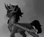  2021 afialtisdragon armor cape clothing crown equid equine eyebrows feral friendship_is_magic glowing glowing_eyes greyscale half-closed_eyes hasbro hi_res horn king_sombra_(mlp) looking_at_viewer male mammal mane monochrome my_little_pony narrowed_eyes signature solo unicorn unicorn_horn 