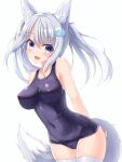  1girl :3 :d animal_ear_fluff animal_ears arms_behind_back bangs breasts cameltoe cat_hair_ornament commentary covered_navel dot_nose fangs forehead fox fox_girl fox_tail grey_eyes grey_hair hair_ornament highres kazuneko_(wktk1024) long_hair medium_breasts one-piece_swimsuit open_mouth original parted_bangs pointy_breasts school_uniform simple_background skin_fangs smile solo swimsuit tail thighhighs two_side_up white_background white_thighhighs 