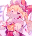  1girl ascot blonde_hair blood blood_from_mouth blurry blurry_background closed_mouth crystal fingernails flandre_scarlet frilled_ascot frills hair_between_eyes hat hat_ribbon head_tilt heart highres kokonoe826 long_hair looking_at_viewer mob_cap nail_polish puffy_short_sleeves puffy_sleeves red_eyes red_nails red_ribbon red_vest ribbon sharp_fingernails shirt short_sleeves side_ponytail smile solo touhou upper_body vest white_headwear white_shirt wings wrist_ribbon yellow_ascot 