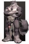  anthro balls canid canine canis chest_tattoo crossed_arms fur genitals grey_body grey_fur humanoid humanoid_genitalia humanoid_penis looking_at_viewer male mammal muscular muscular_anthro muscular_male navel nipples nude penis pubes solo sur12a_(artist) tattoo wolf 