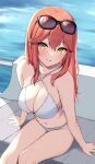  1girl arm_support artist_name bangs bare_legs bare_shoulders bikini blush breasts collarbone day eyewear_on_head feet_out_of_frame hair_between_eyes highres kaetzchen large_breasts long_hair looking_at_viewer navel ocean original outdoors parted_lips red_hair sidelocks sitting solo sunglasses swimsuit white_bikini yellow_eyes 