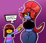  blue_body bottomwear clothed clothing denim denim_clothing duo ear_fins embarrassed eyes_closed female female/female fin fish frisk_(undertale) gesture hair hoodie human humanoid jeans long_hair mammal marine navel nelljoestar pants pointing pointing_at_another ponytail red_hair smile speech_bubble topwear undertale undertale_(series) undyne video_games yellow_sclera 