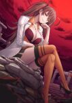  1girl 1other bra brown_hair bug dr._arach high_heels jewelry labcoat miyai_sen necklace orange_eyes orange_shirt orange_thighhighs red_sky shirt sky spider thighhighs thighs tsukihime tsukihime_(remake) twintails underwear 