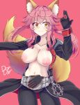  1girl absurdres animal_ear_fluff animal_ears black_gloves breasts collarbone drogo_doggo fate/grand_order fate_(series) fox_ears fox_girl fox_tail gloves highres kamen_rider kamen_rider_wizard_(series) large_breasts long_hair navel nipples pink_background pink_hair simple_background solo split_ponytail tail tamamo_(fate) tamamo_no_mae_(fate/extra) yellow_eyes 