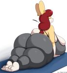  2022 absurd_res anthro big_breasts big_butt bodily_fluids breasts butt chubby_female english_text eyes_closed feet female hi_res huge_breasts huge_butt lagomorph leporid lying mammal mature_female on_front rabbit regina_harrington side_boob solo sweat text thick_thighs yoga 