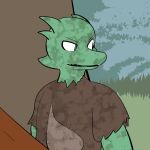  1:1 2014 anthro clothed clothing digital_drawing_(artwork) digital_media_(artwork) dirty fen_(lagotrope) grass green_body green_skin horn kobold lagotrope lizard looking_back melee_weapon outside plant pupils reptile scalie shirt slit_pupils standing story story_at_source story_in_description sword tgchan topwear tree weapon white_eyes 
