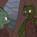  1:1 2014 anthro clothed clothing digital_drawing_(artwork) digital_media_(artwork) dirty duo fen_(lagotrope) glowing glowing_eyes green_body green_skin horn kobold lagotrope lizard male outside plant pupils reptile scalie shirt slit_pupils standing story story_at_source story_in_description tgchan topwear tree white_eyes zizi_(lagotrope) 