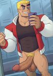  1boy abs artist_name bara blonde_hair blue_eyes blush cellphone danny_phantom dash_baxter erection f_con feet_out_of_frame highres huge_penis jacket large_pectorals locker locker_room looking_at_mirror male_focus manly mirror no_pants pectorals penis phone pubic_hair reflection selfie shirt short_hair signature smile solo t-shirt teeth testicles thick_arms thick_eyebrows thick_thighs thighs tight 