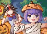  2girls :d alternate_costume bracelet claw_pose cosplay fang gao highres holding holding_stick horns jewelry kijin_seija looking_at_viewer multiple_girls pixel_art pumpkin_hat purple_eyes purple_hair smile stick sukuna_shinmyoumaru touhou v-shaped_eyebrows zhiyu 