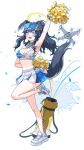  absurdres animal_ears arm_up armpits bare_legs blue_archive blue_eyes breasts bright_pupils cheerleader cleavage confetti crop_top dog_ears dog_girl dog_tail drone eyewear_on_head full_body goggles goggles_on_head halo hibiki_(blue_archive) hibiki_(cheerleader)_(blue_archive) highres holding holding_pom_poms long_hair looking_at_viewer medium_breasts midriff mistcastle navel pom_pom_(cheerleading) shoes sneakers standing standing_on_one_leg tail text_print two-tone_skirt white_footwear 