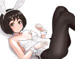  1girl alternate_costume animal_ears bangs black_hair black_pantyhose brown_eyes choker collarbone fake_animal_ears flat_chest highres kantai_collection kibitarou leotard looking_at_viewer lying maru-yu_(kancolle) oversized_breast_cup pantyhose parted_bangs playboy_bunny rabbit_ears short_hair sitting solo strapless strapless_leotard thick_eyebrows white_background white_choker white_leotard wrist_cuffs 