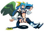  1girl angel_wings asymmetrical_wings blue_hair blush breasts center_opening cleavage dizzy_(guilty_gear) full_body guilty_gear guilty_gear_x guilty_gear_xx hair_ribbon hounori large_breasts long_hair looking_at_viewer navel open_mouth red_eyes ribbon simple_background solo tail tail_ornament tail_ribbon thighhighs twintails underboob white_background wings yellow_ribbon 
