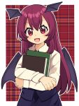  1girl bat_wings black_skirt black_vest book border collared_shirt demon_wings happy head_tilt head_wings highres holding holding_book koakuma long_hair long_sleeves looking_at_viewer necktie open_mouth plaid plaid_background red_background red_eyes red_hair red_necktie shirt skirt skirt_set solo touhou vest white_border white_shirt wings yamase 