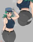  1girl alternate_costume aqua_hair arm_up armpits ass back belt black_belt blush bob_(bobtheneet) breasts bulletproof_vest cuffs curvy gloves grey_background grey_gloves grey_pants hand_to_head handcuffs hat heavy_breathing highres hot huge_breasts jenny_(pokemon) long_hair looking_afar multiple_views no_bra outline pants pantylines parted_lips patreon_logo patreon_username plump pokemon police police_hat police_uniform policewoman red_eyes red_lips scratching_ass simple_background single_bang skindentation stomach sweat sweatdrop thick_thighs thighs uniform 