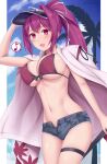  bikini breasts front-tie_bikini_top front-tie_top hat highres jacket jacket_on_shoulders large_breasts midriff musical_note navel open_fly ponytail purple_bikini purple_eyes purple_hair shorts smile soukitsu swimsuit under_night_in-birth yuzuriha_(under_night_in-birth) 