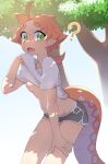  1girl ? arm_support black_shorts blush breasts clothes_lift fang groin highres leaning_forward lifted_by_self looking_at_viewer low_ponytail nipples open_mouth orange_hair original owasaki pointy_ears ponytail shirt shirt_lift short_eyebrows short_shorts short_sleeves shorts small_breasts solo sweat tail thick_eyebrows tree white_shirt 