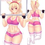  1girl animal_ears ass bangs blonde_hair blush breasts cat_ears cat_girl cat_tail closed_mouth english_commentary highres large_breasts long_hair multiple_views nottytiffy original pink_shorts ponytail pullups red_eyes short_shorts shorts squatting tail thighhighs thighs tiffy_(nottytiffy) white_thighhighs 