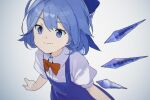  1girl bangs blue_bow blue_dress blue_eyes blue_hair bow bowtie cirno closed_mouth collared_shirt dress flat_chest hair_bow ice ice_wings leaning_forward necktie pikumin pinafore_dress puffy_short_sleeves puffy_sleeves red_necktie shirt short_hair short_sleeves smile solo touhou upper_body white_background white_shirt wings 