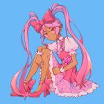  1girl blue_background bow dark-skinned_female dark_skin dress emu_firm full_body hair_bow high_heels highres long_hair omori pink_bow pink_dress pink_eyes pink_footwear pink_hair puffy_short_sleeves puffy_sleeves short_sleeves simple_background sitting solo sweetheart_(omori) twintails 