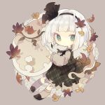  1girl ascot autumn_leaves bangs black_ascot black_footwear black_hairband black_ribbon blunt_bangs blunt_ends chibi closed_mouth commentary dress full_body green_dress green_eyes grey_shirt grey_socks hair_ribbon hairband highres konpaku_youmu konpaku_youmu_(ghost) leaf leaf_on_head long_sleeves looking_at_viewer medium_hair nikorashi-ka plaid plaid_dress ribbon shirt socks solo touhou white_hair 