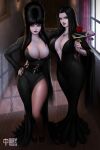  2girls addams_family artist_logo artist_name black_dress black_hair blue_eyes breasts cleavage cocktail_dress colored_skin curvy dagger dress earrings elvira elvira:_mistress_of_the_dark flower gothic high_heels iury_padilha jewelry knife large_breasts long_hair mole mole_under_eye morticia_addams multiple_girls necklace rose scissors thighs weapon white_skin window 