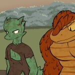  1:1 2014 anthro blood bodily_fluids clothed clothing digital_drawing_(artwork) digital_media_(artwork) dirty duo fen_(lagotrope) grass green_body green_skin kobold lagotrope lizard male mountain_kobold orange_body orange_scales outside plant pupils reptile scales scalie shirt sitting slit_pupils story story_at_source story_in_description tgchan topless topwear torn_clothing tree white_eyes wounded 