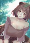  1girl animal_ears aoko_(myut7287) artist_name bangs breasts brown_eyes brown_hair brown_shirt brown_skirt cleavage futatsuiwa_mamizou glasses highres leaf leaf_on_head looking_at_viewer open_mouth outdoors raccoon_ears raccoon_girl raccoon_tail round_eyewear shirt short_hair short_sleeves skirt solo tail touhou 