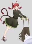  1girl :3 :d ^^^ absurdres animal_ears big_mouse bow braid cat cat_ears cat_tail extra_ears highres kaenbyou_rin kyubey mahou_shoujo_madoka_magica mouse multiple_tails nekomata open_mouth red_eyes red_hair running smile squishing tail touhou tripping twin_braids two_tails wheelbarrow 