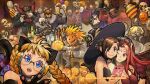  animal_ears arika balloon black_dress blonde_hair blue_eyes breasts brown_hair candle cleavage closed_mouth dog dress food gloves halloween halloween_costume hat highres large_breasts long_hair looking_at_viewer multiple_boys multiple_girls muscular official_art official_wallpaper open_mouth pumpkin short_hair skullomania smile street_fighter street_fighter_ex_(series) witch_hat 