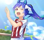  1girl absurdres ahoge animal_ears aqua_hair bangs blue_hair blue_skirt bush cloud cloudy_sky commentary day frown gym_shirt gym_uniform hair_ribbon highres horse_ears horse_girl horse_tail leaf lens_flare long_hair looking_at_viewer multicolored_hair one_eye_closed open_mouth outdoors oyasuminasai31 racing railing ribbon running scene_reference sharp_teeth shirt short_sleeves skirt sky solo sunlight sweat tail teeth twin_turbo_(umamusume) twintails two-tone_hair umamusume white_ribbon white_shirt 