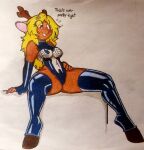  antlers blonde_hair cervid clothing deltarune female gloves hair handwear hooves horn latex legwear leotard living_clothing mammal noelle_holiday red_nose solo surprise symbiote thigh_highs undertale_(series) video_games 