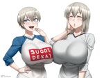  2girls :d bangs blue_eyes blush breasts closed_eyes clothes_writing collarbone commentary facing_viewer fang grey_hair hair_between_eyes hand_on_hip hand_on_own_cheek hand_on_own_face hand_to_own_mouth highres huge_breasts impossible_clothes impossible_shirt lips long_hair long_sleeves looking_at_viewer mother_and_daughter multiple_girls open_mouth parted_lips raglan_sleeves shirt short_hair simple_background smile smug sugoi_dekai tight twitter_username twrlare upper_body uzaki-chan_wa_asobitai! uzaki_hana uzaki_tsuki white_background 
