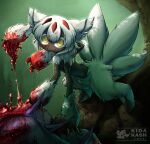  absurdres blood blood_on_face blood_on_hands claws faputa flesh fur green_background guro highres kidakash made_in_abyss tearing_up white_fur yellow_eyes 