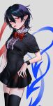  1girl asymmetrical_wings black_dress black_hair blue_wings bow bowtie breasts center_frills dress frills hair_between_eyes highres houjuu_nue makita_(vector1525) nail_polish pointy_ears red_bow red_bowtie red_eyes red_nails red_wings short_dress snake solo thighhighs tongue tongue_out touhou wings wristband zettai_ryouiki 