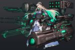  1girl ammunition_belt autocannon bangs black_footwear black_gloves blonde_hair blue_dress blue_eyes blunt_bangs cannon commission dress drill_hair full_body gloves glowing gradient gradient_background grey_background hetza_(hellshock) long_dress looking_at_viewer mecha_musume open_mouth rocket_launcher smile smoke_grenade_launcher solo standing verse_saver weapon 