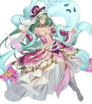  1girl bandaged_leg bandages bangs bare_shoulders bow breasts closed_mouth detached_sleeves dress expressionless fire_emblem fire_emblem:_mystery_of_the_emblem fire_emblem_awakening fire_emblem_heroes frills full_body ghost green_eyes green_hair grey_hair hanusu hat highres jewelry long_dress long_hair looking_away medium_breasts naga_(fire_emblem) navel non-web_source official_art pale_skin pelvic_curtain pointy_ears ribbon shiny shiny_hair stomach tiara toeless_legwear toes transparent_background veil 