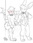  2022 4_toes 5_fingers 5_toes anthro barnaby_kane blush bow_collar bow_tie claws clothed clothing covering covering_self detailed_background digital_drawing_(artwork) digital_media_(artwork) digitigrade domestic_ferret duo embarrassed embarrassed_nude_male feet finger_claws fingers fully_clothed fur half-closed_eyes lagomorph leporid male male/male mammal monochrome mustela mustelid musteline narrowed_eyes navel nipples nude pawpads plantigrade rabbit rick_griffin signature suit toe_claws toes true_musteline 