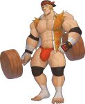  1boy abs alternate_costume bandaged_arm bandaged_leg bandages bandana bara barefoot biceps blonde_hair bulge clenched_hands collared_shirt dumbbell elbow_pads f_con fire_emblem fire_emblem:_three_houses gauntlets hairy highres knee_pads large_pectorals looking_at_viewer male_focus male_swimwear manly mature_male muscular muscular_male pectorals raphael_kirsten shirt short_hair simple_background sleeveless smirk solo spiked_hair swim_briefs thick_arms thick_eyebrows thick_thighs thighs torn_clothes veins white_background yellow_eyes 
